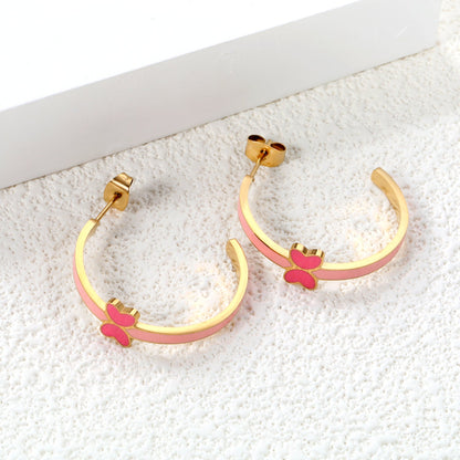 C-Shape with pink/blue oil drip 8*5.6mm butterfly earrings 27.8mm gold color asonjewelry