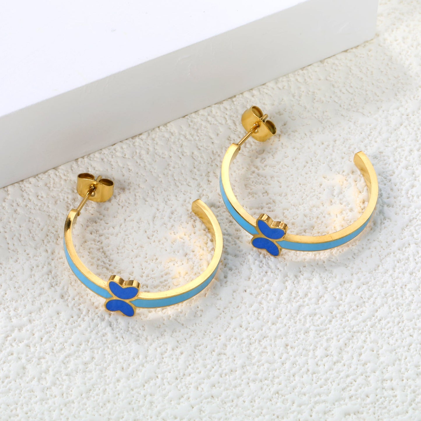 C-Shape with pink/blue oil drip 8*5.6mm butterfly earrings 27.8mm gold color asonjewelry