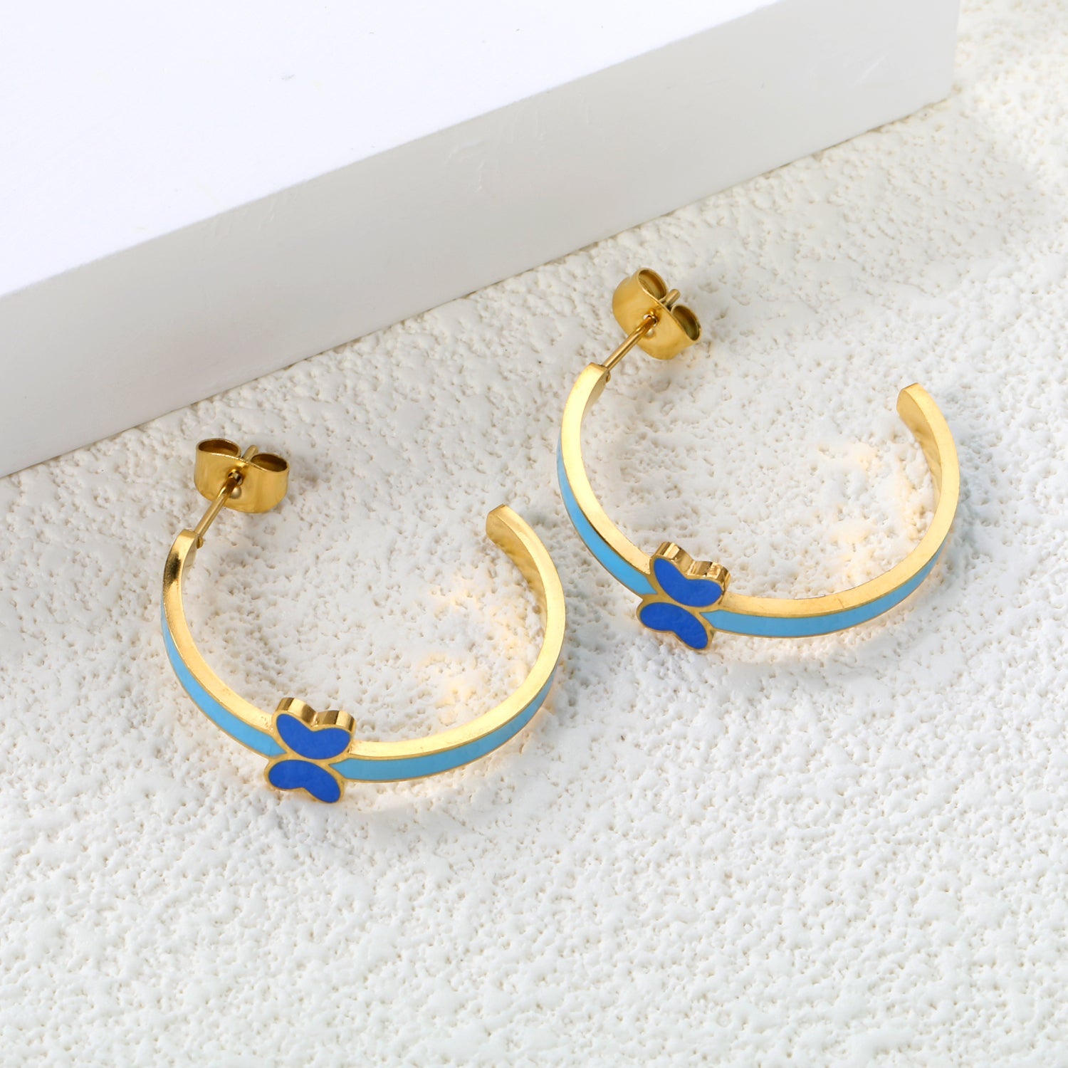 C-Shape with pink/blue oil drip 8*5.6mm butterfly earrings 27.8mm gold color asonjewelry