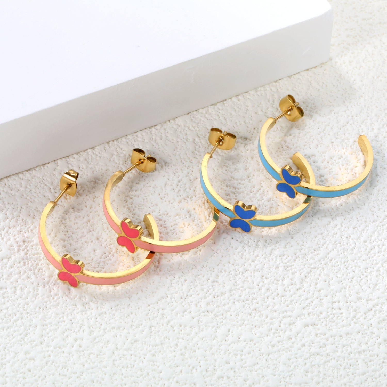 C-Shape with pink/blue oil drip 8*5.6mm butterfly earrings 27.8mm gold color asonjewelry