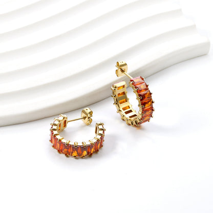 C-Shape with Two Catch Baguette White&Purple&Green&Mixed Diamond Stud Earrings 6.8*21mm asonjewelry