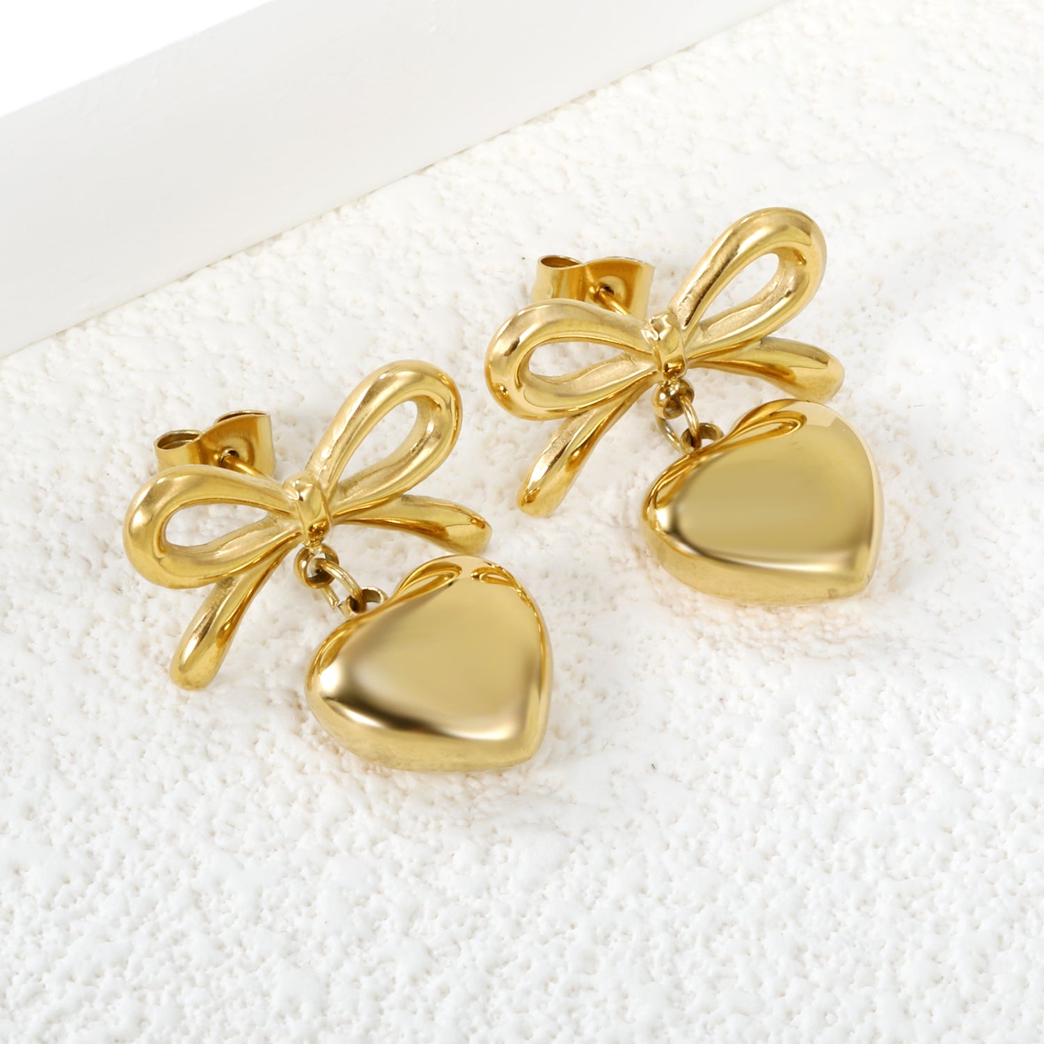 19.7*12.4mm Bow+13mm Heart Stud Earrings Gold Color asonjewelry
