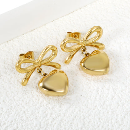 19.7*12.4mm Bow+13mm Heart Stud Earrings Gold Color asonjewelry