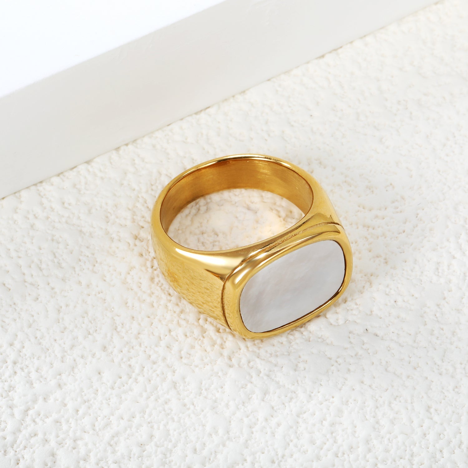 Cast Crafted Sticky White Oversized Shell Ring Square Gold Polished Stainless Steel Ring Wholesale asonjewelry