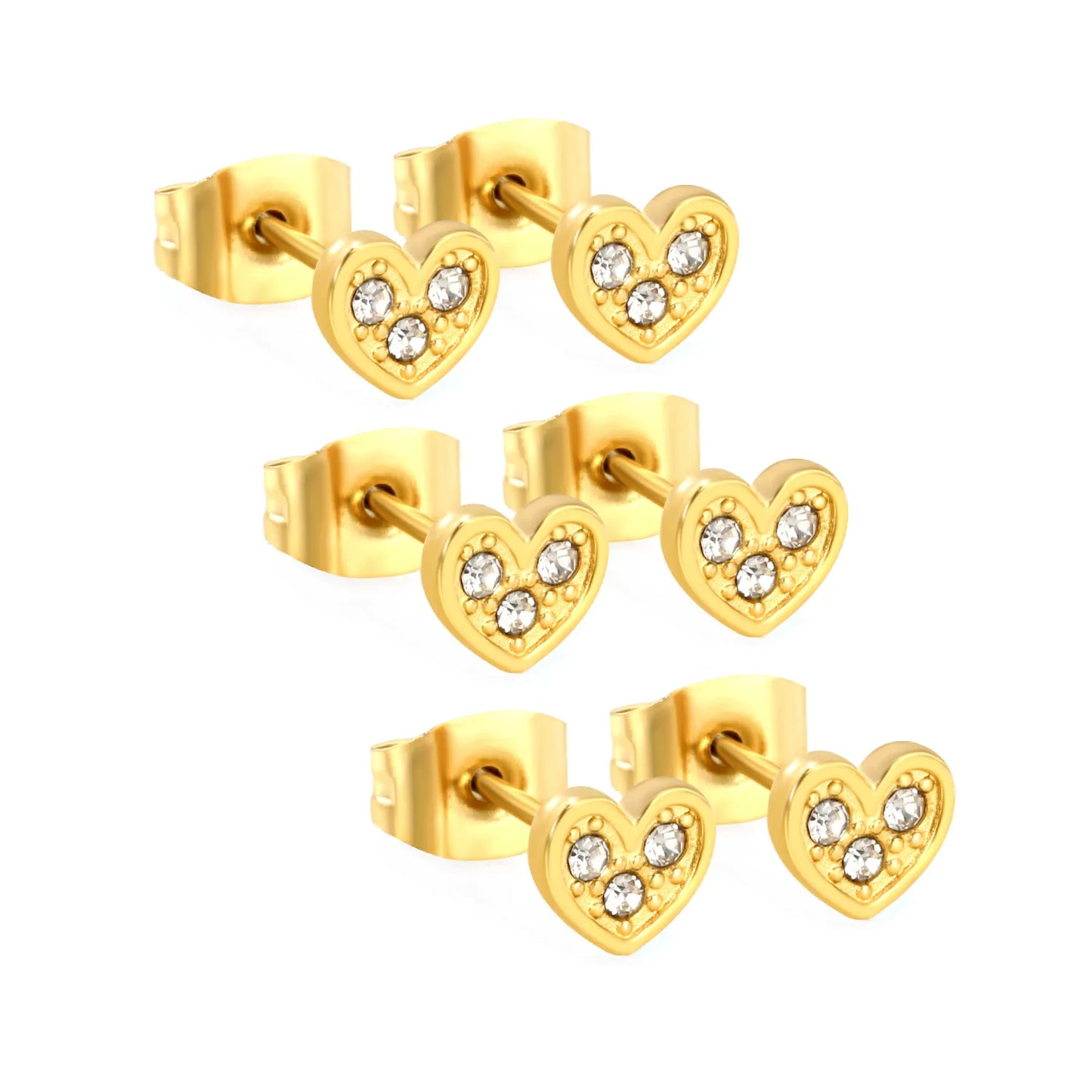 3 PCS 5.8*5.3mm Heart-shaped White Diamond Adhesive-set Plain Post Stud Earrings - Steel Tone & Gold Tone
