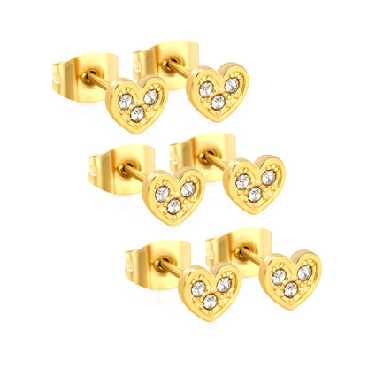 3 PCS 5.8*5.3mm Heart-shaped White Diamond Adhesive-set Plain Post Stud Earrings - Steel Tone & Gold Tone