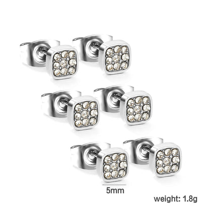 3PCS 5mm Geometric plain pin earrings with white diamonds steel color/golden color asonjewelry