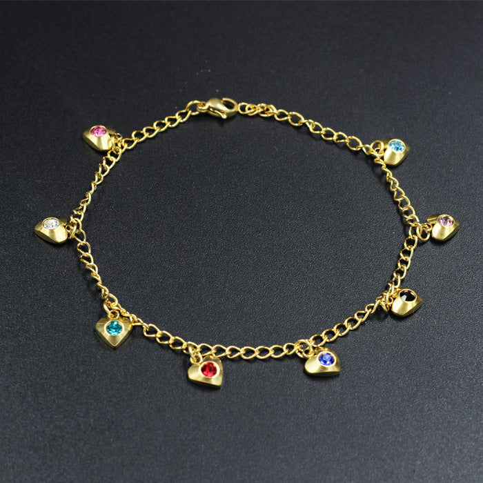Multicolor Heart Charms Yellow Gold Soft Anklet asonjewelry