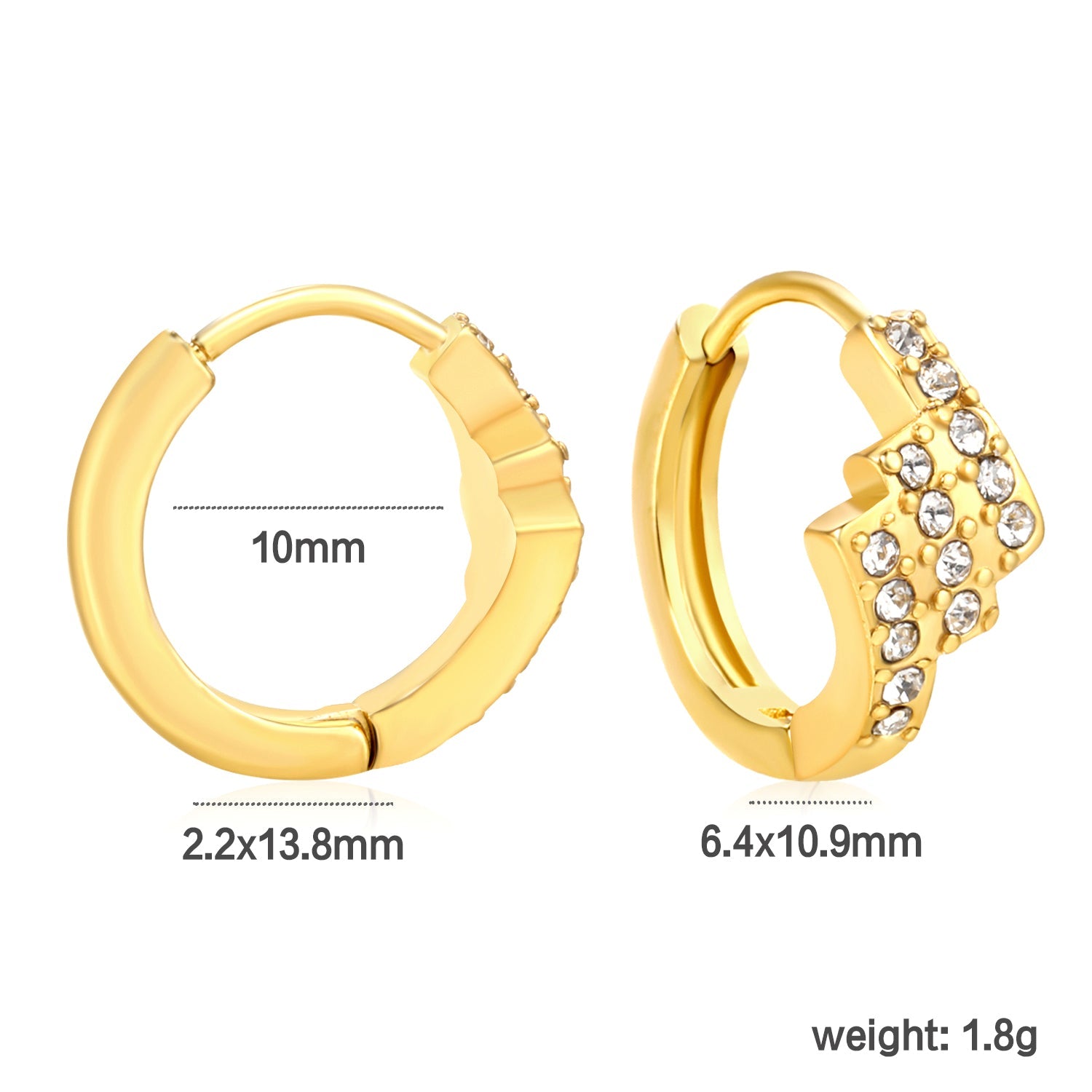 6.4 x 10.9mm diagonal rectangular white zirconia stud earrings with 2.2mm post and 10mm inner diameter, gold-plated asonjewelry