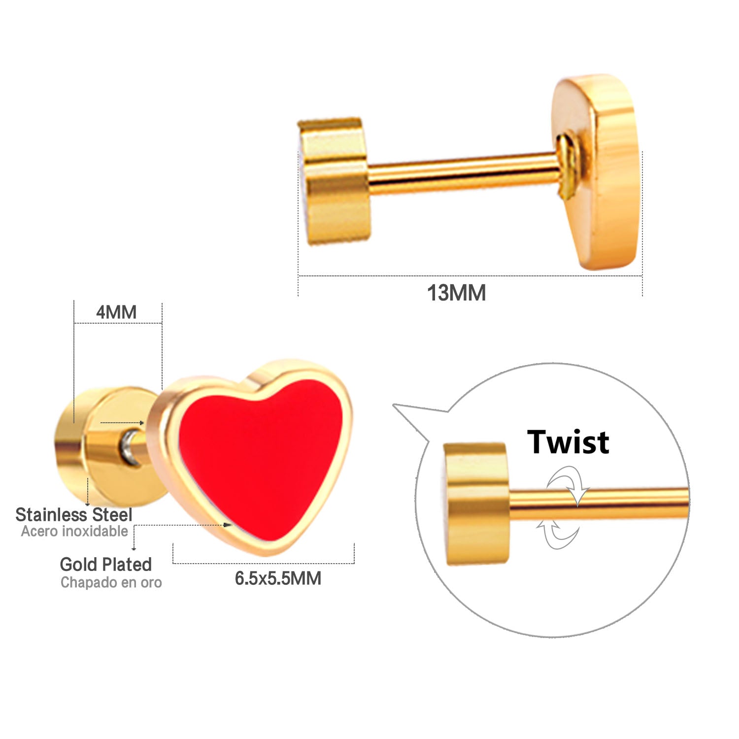 12 pairs 6.5mm*5.5mm Steel / Goldtone Heart Mixed Color Screwback Stud Earrings asonjewelry