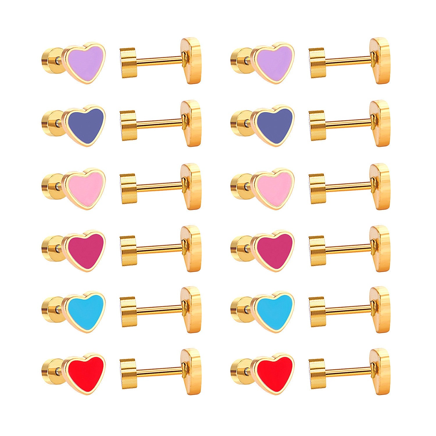 12 pairs 6.5mm*5.5mm Steel / Goldtone Heart Mixed Color Screwback Stud Earrings asonjewelry