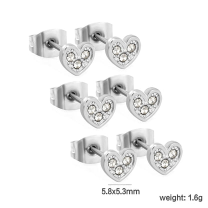 3 PCS 5.8*5.3mm Heart-shaped White Diamond Adhesive-set Plain Post Stud Earrings - Steel Tone & Gold Tone