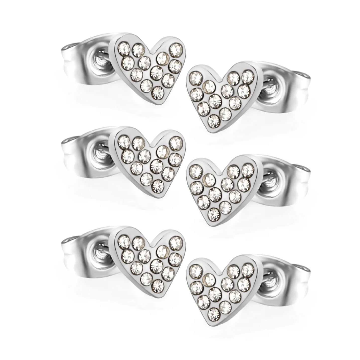3 PCS 7*5.9mm Heart-shaped White Diamond Plain Post Stud Earrings - Steel & Gold