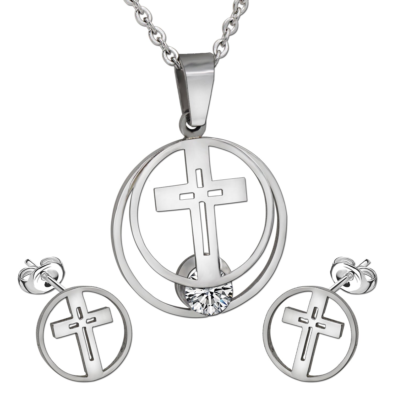 GOLD/STEEL with ZIRCONIA + TWO CIRCULARS WITH INTERNAL CUT CROSSES AND DIAMONDS SET asonjewelry