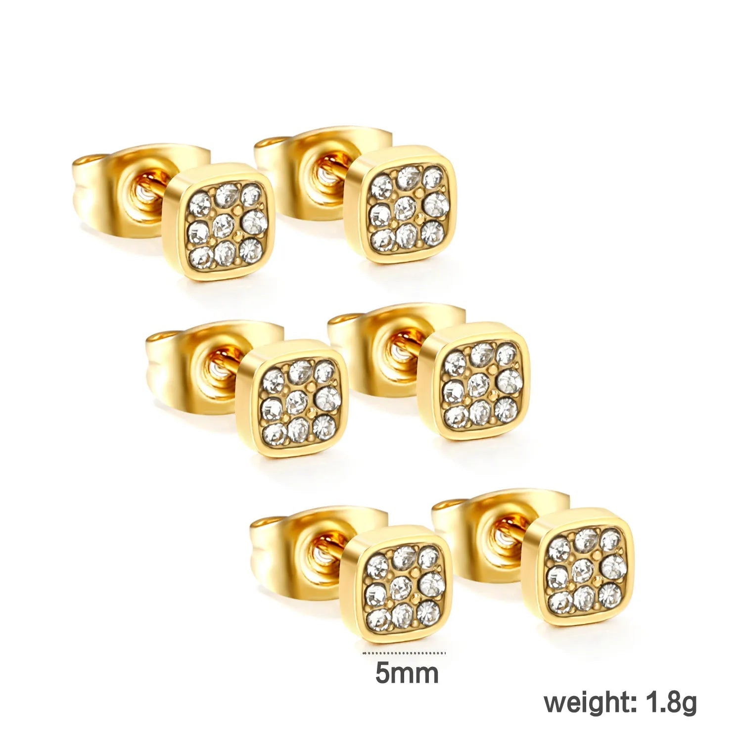 3PCS 5mm Geometric plain pin earrings with white diamonds steel color/golden color asonjewelry