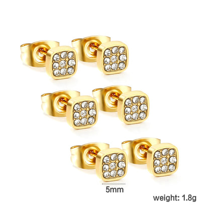 3PCS 5mm Geometric plain pin earrings with white diamonds steel color/golden color asonjewelry
