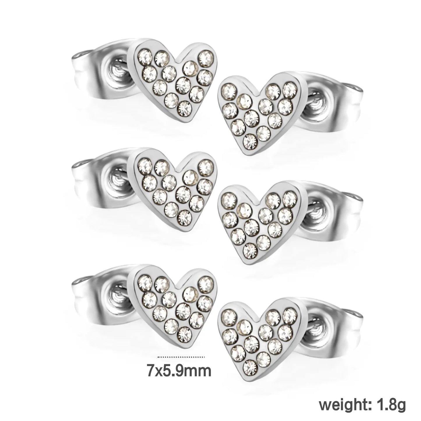 3 PCS 7*5.9mm Heart-shaped White Diamond Plain Post Stud Earrings - Steel & Gold