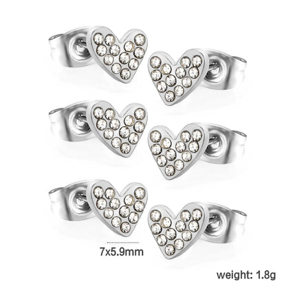 3 PCS 7*5.9mm Heart-shaped White Diamond Plain Post Stud Earrings - Steel & Gold