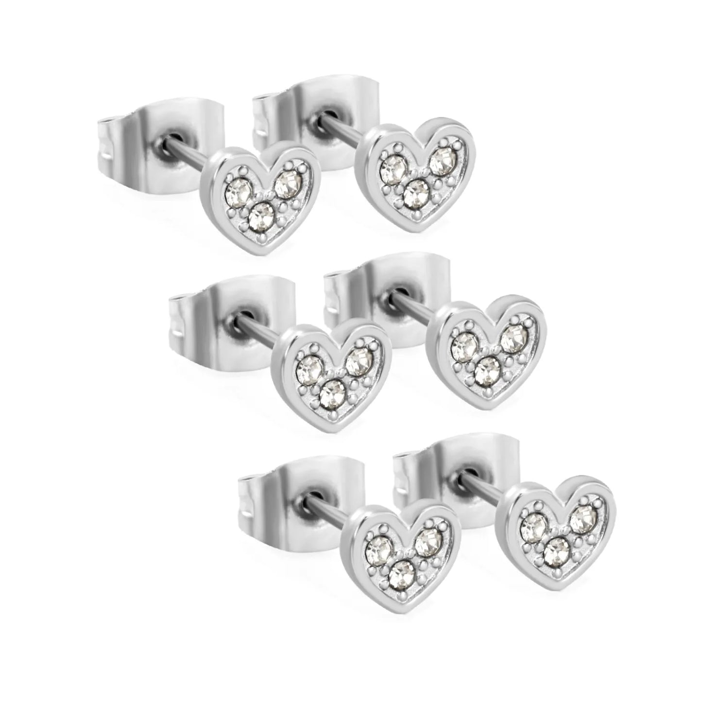 3 PCS 5.8*5.3mm Heart-shaped White Diamond Adhesive-set Plain Post Stud Earrings - Steel Tone & Gold Tone