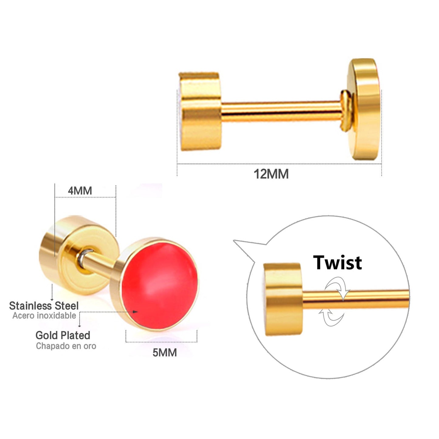 12 pairs 5mm Steel / Goldtone Round Mixed Color Screwback Stud Earrings asonjewelry