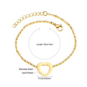 Steel color gold hollow heart accessory bracelet without diamonds 12mm 18+3cm