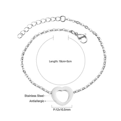 Steel color gold hollow heart accessory bracelet without diamonds 12mm 18+3cm asonjewelry