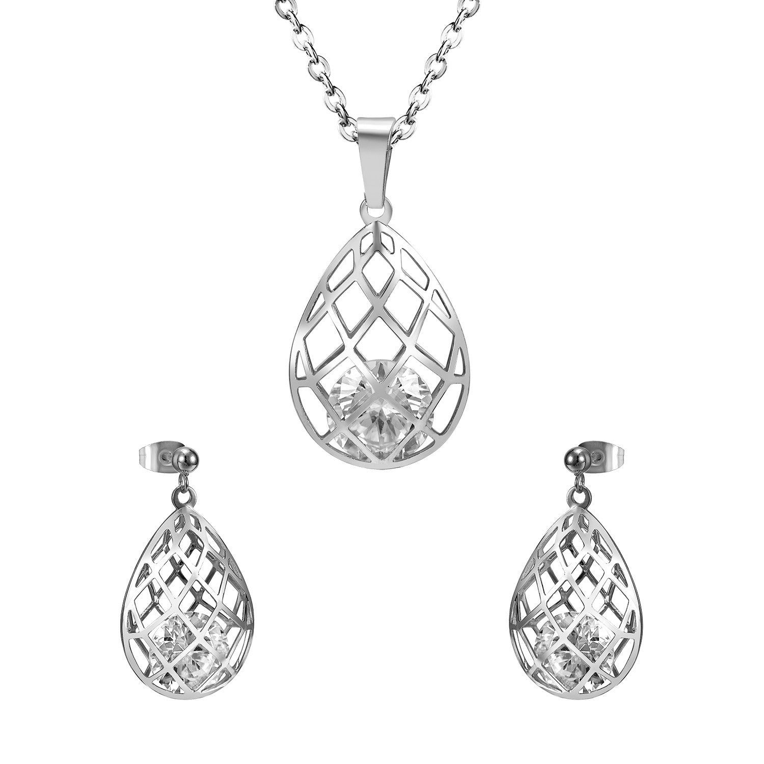 Gold/steel emery mesh hollowed out teardrop interior + diamond jewelry set asonjewelry