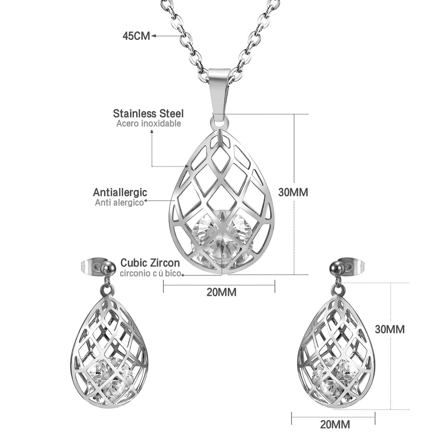 Gold/steel emery mesh hollowed out teardrop interior + diamond jewelry set asonjewelry