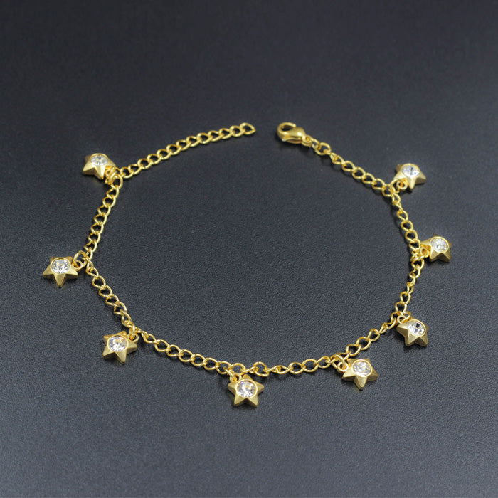 Pentagram shaped soft anklet in yellow gold with multicolored white diamonds asonjewelry