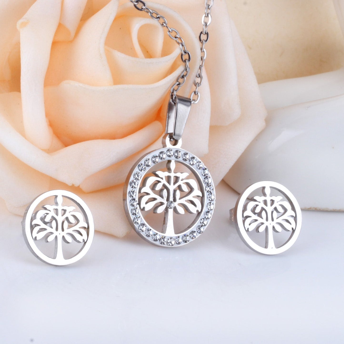 Gold/Steel Round Cut Pattern White Clay Sticky Diamonds Jewelry Set asonjewelry