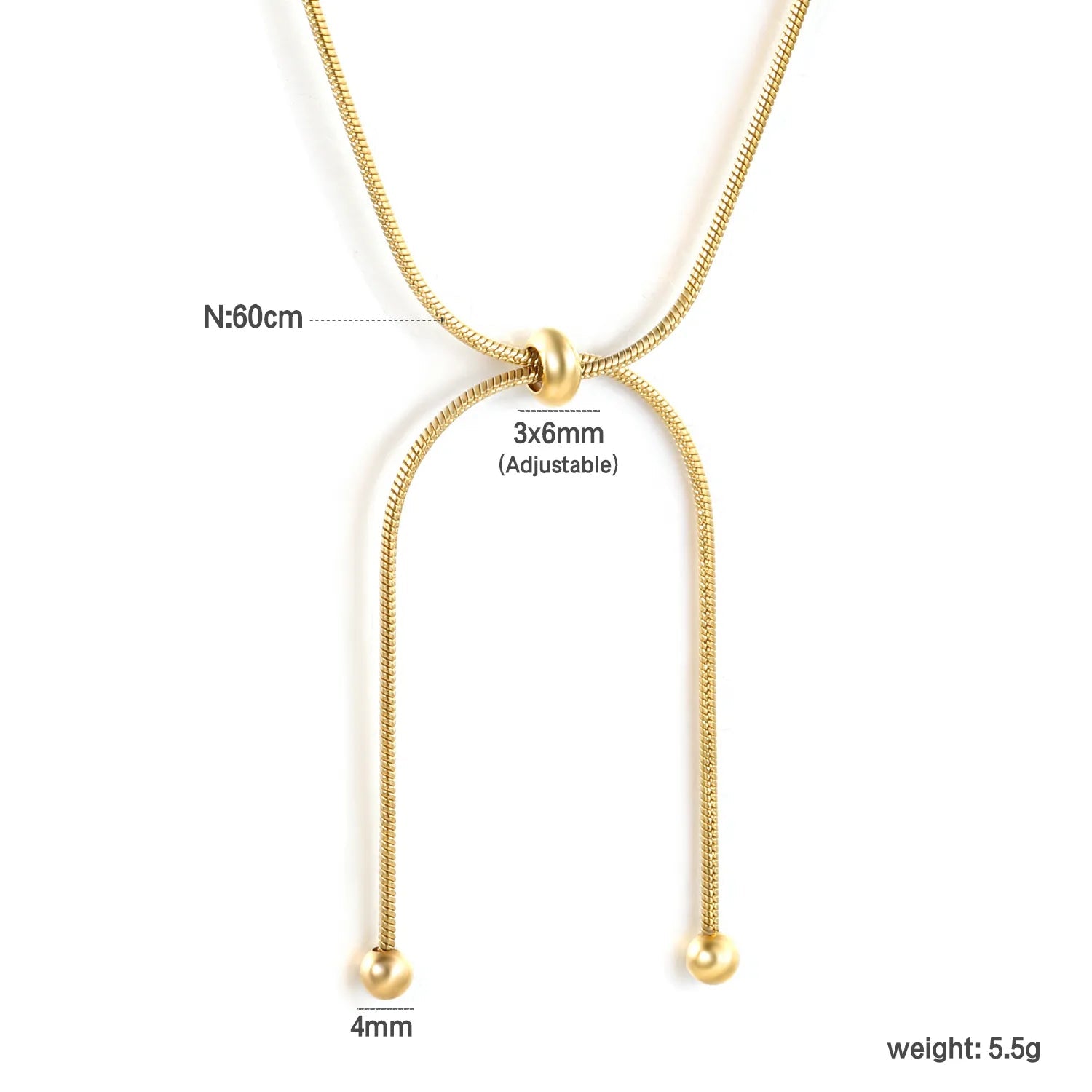 Wholesale 4mm double bead pendant + 3x6mm hollow round beads round bead sliding snake bone chain 60cm necklace, gold asonjewelry