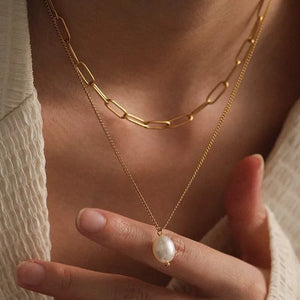 ASON Stainless Steel Trendy Double Chains Necklace With Pearl Pendant Necklace Gold Color For Women Jewelry Party Gift