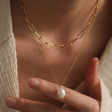 ASON Stainless Steel Trendy Double Chains Necklace With Pearl Pendant Necklace Gold Color For Women Jewelry Party Gift