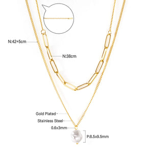 ASON Stainless Steel Trendy Double Chains Necklace With Pearl Pendant Necklace Gold Color For Women Jewelry Party Gift