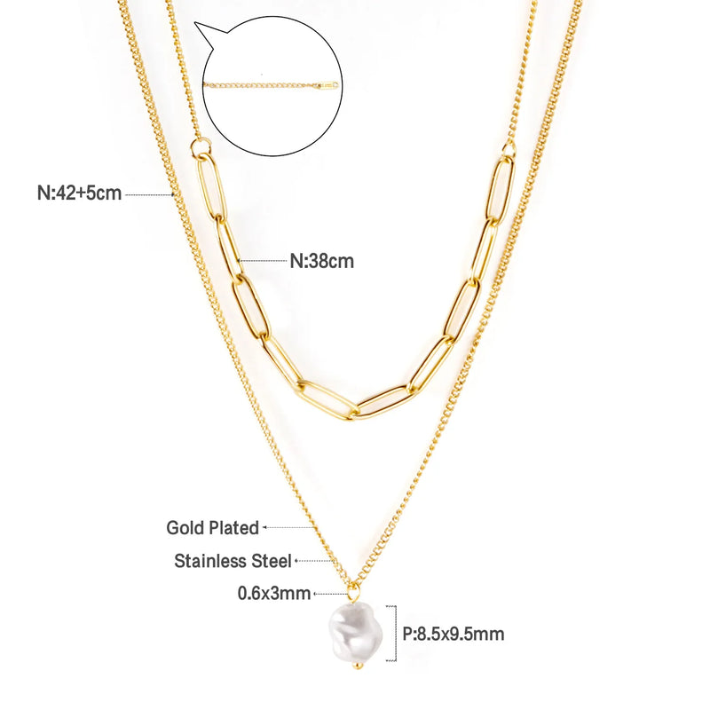 ASON Stainless Steel Trendy Double Chains Necklace With Pearl Pendant Necklace Gold Color For Women Jewelry Party Gift