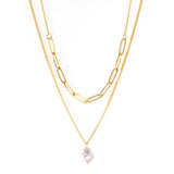 ASON Stainless Steel Trendy Double Chains Necklace With Pearl Pendant Necklace Gold Color For Women Jewelry Party Gift