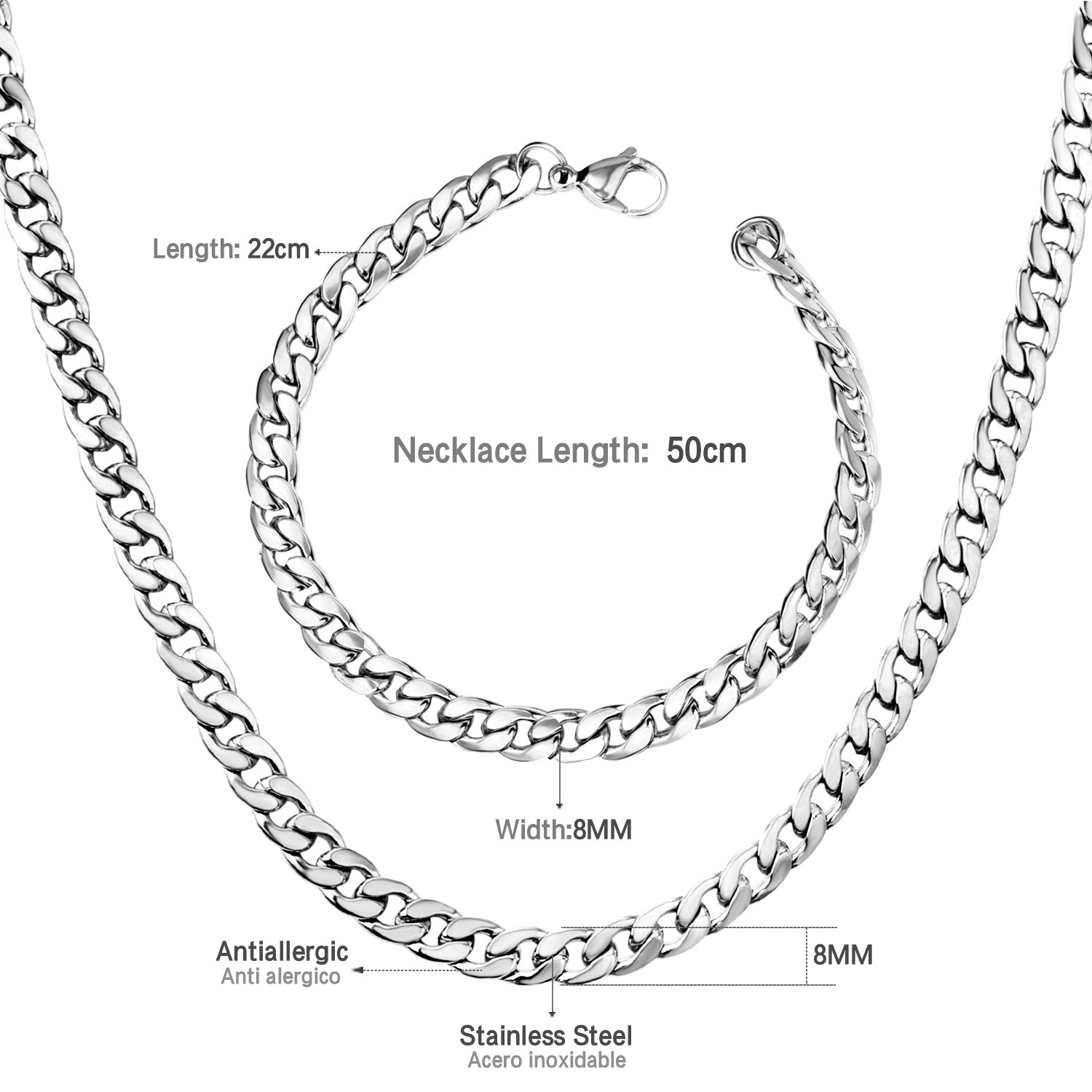 ASON Women/Men 7MM Width Necklace Set Stainless Steel Necklace with Bracelet Cuban Chain for Diy Jewelry Making asonjewelry