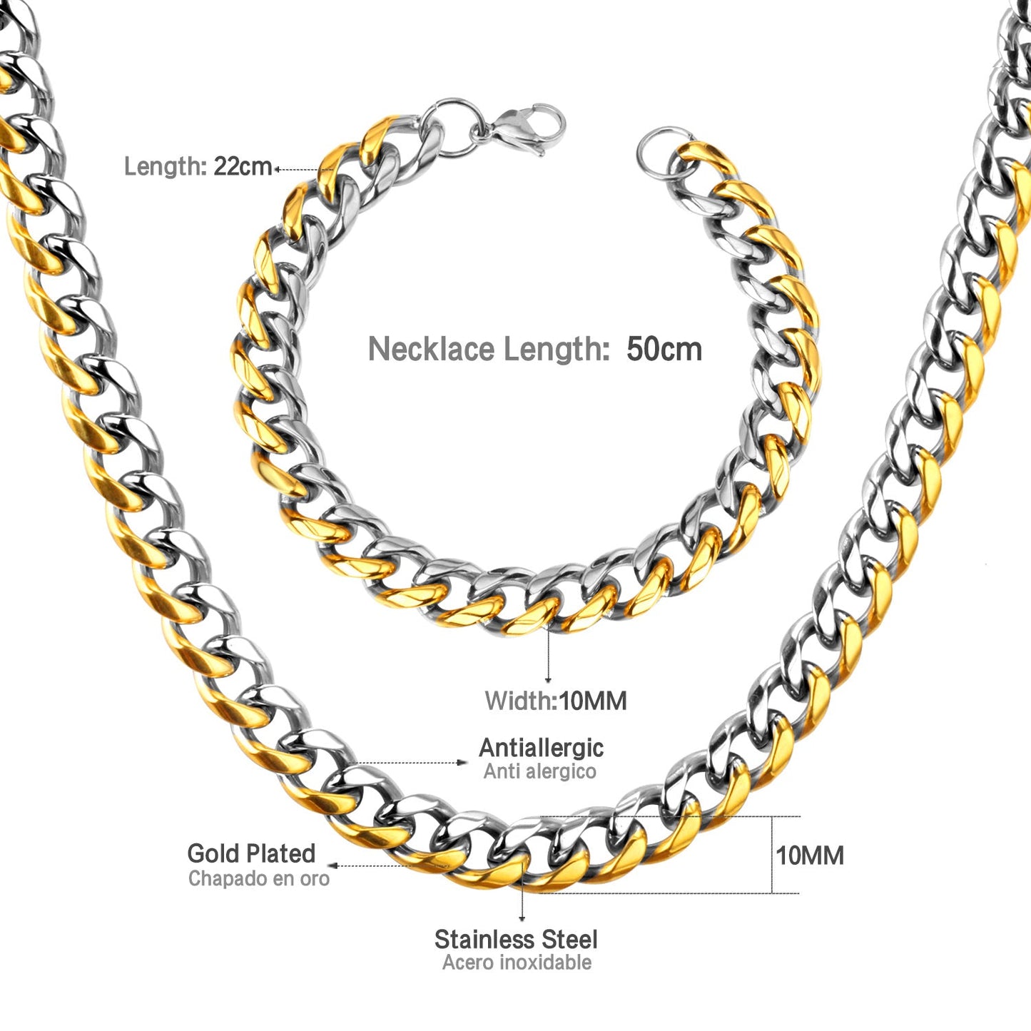 ASON Women/Men 10MM Width Necklace Set Stainless Steel Necklace with Bracelet Cuban Chain for Diy Jewelry Making asonjewelry