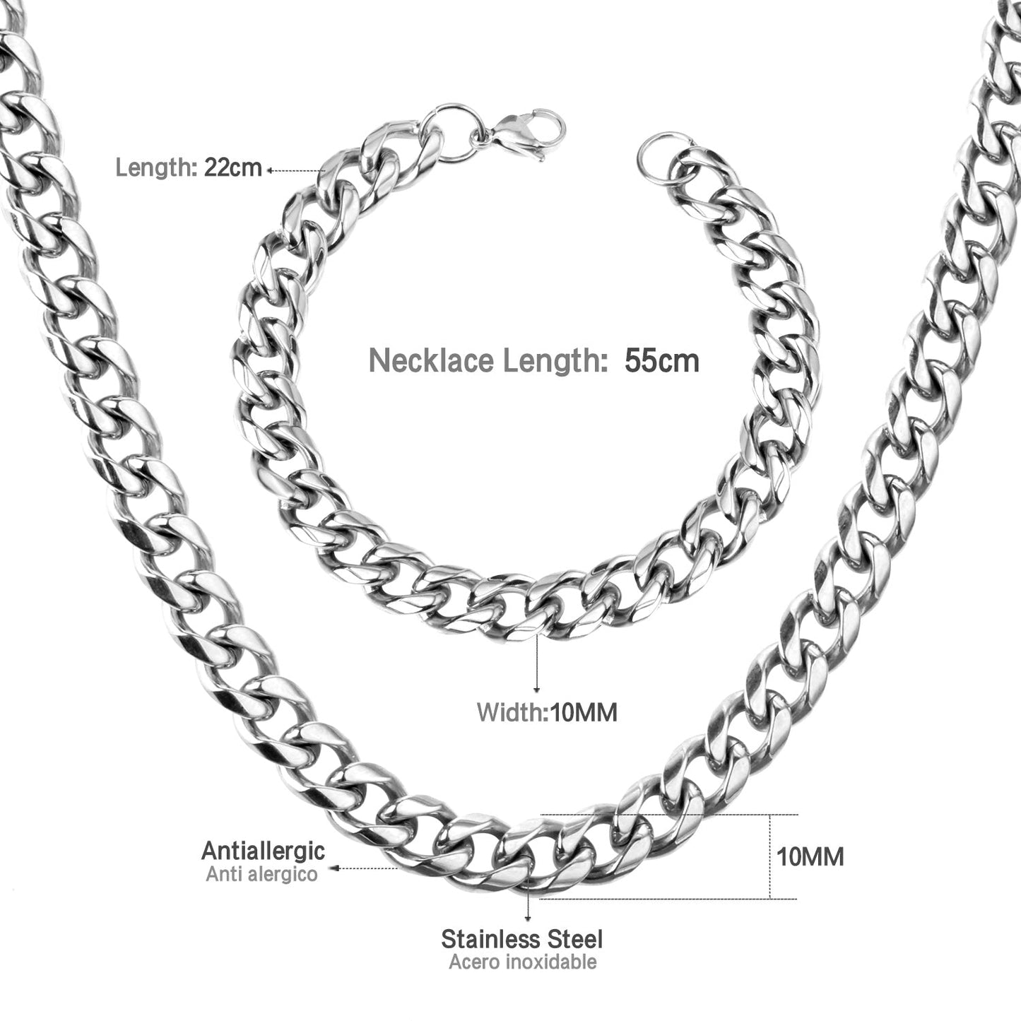ASON Women/Men 10MM Width Necklace Set Stainless Steel Necklace with Bracelet Cuban Chain for Diy Jewelry Making asonjewelry