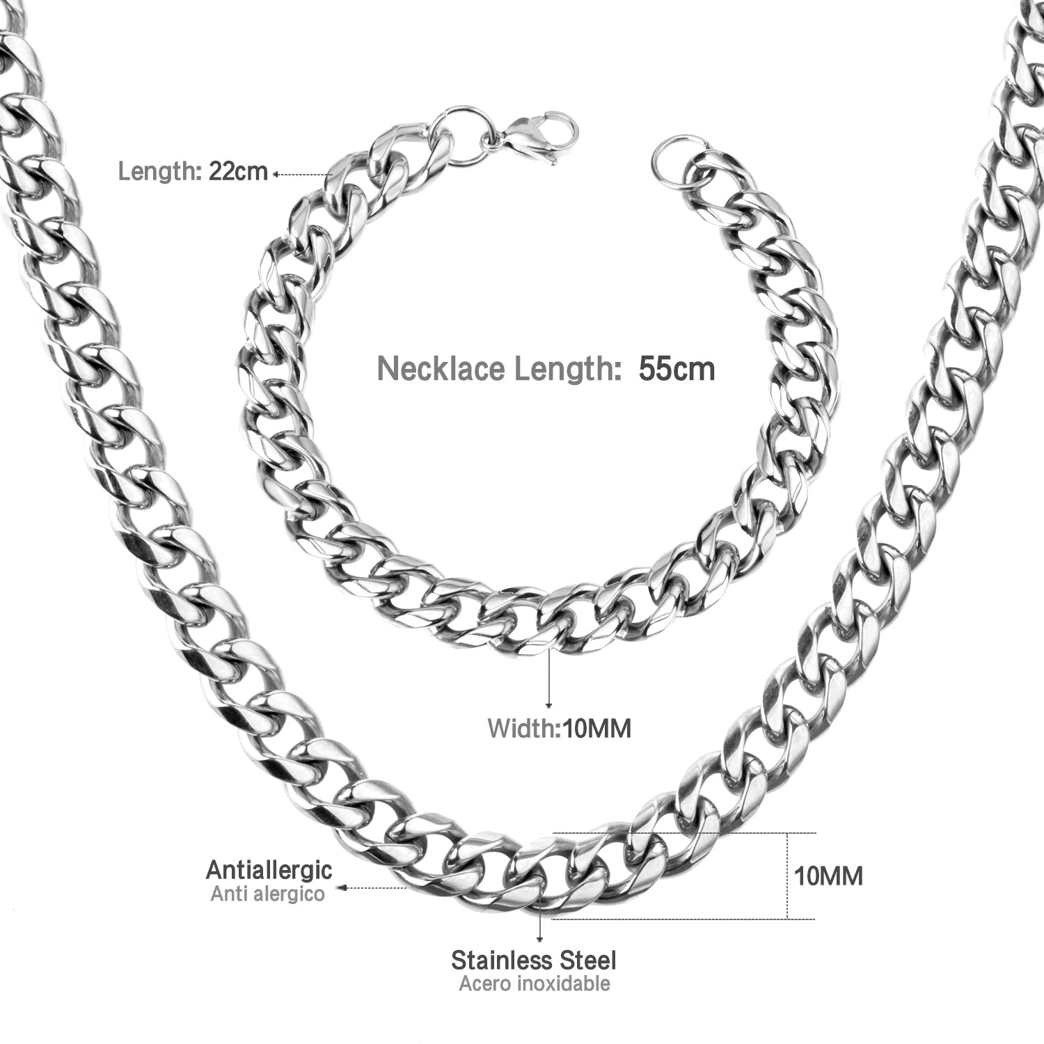 ASON Women/Men 10MM Width Necklace Set Stainless Steel Necklace with Bracelet Cuban Chain for Diy Jewelry Making asonjewelry