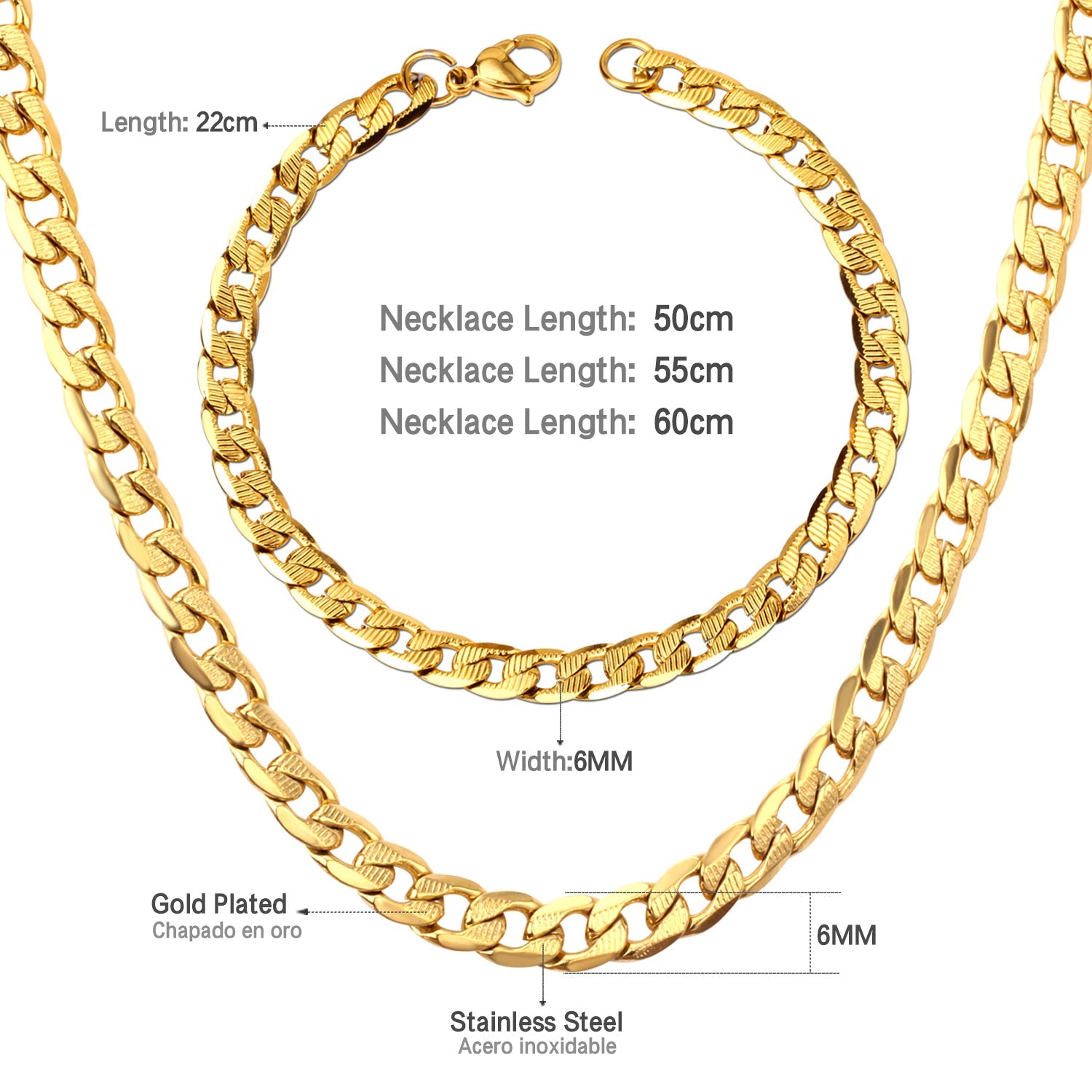 50CM & 55CM & 60CM Steel/Gold/Mixed Color Chain Set + 6MM Bracelet asonjewelry