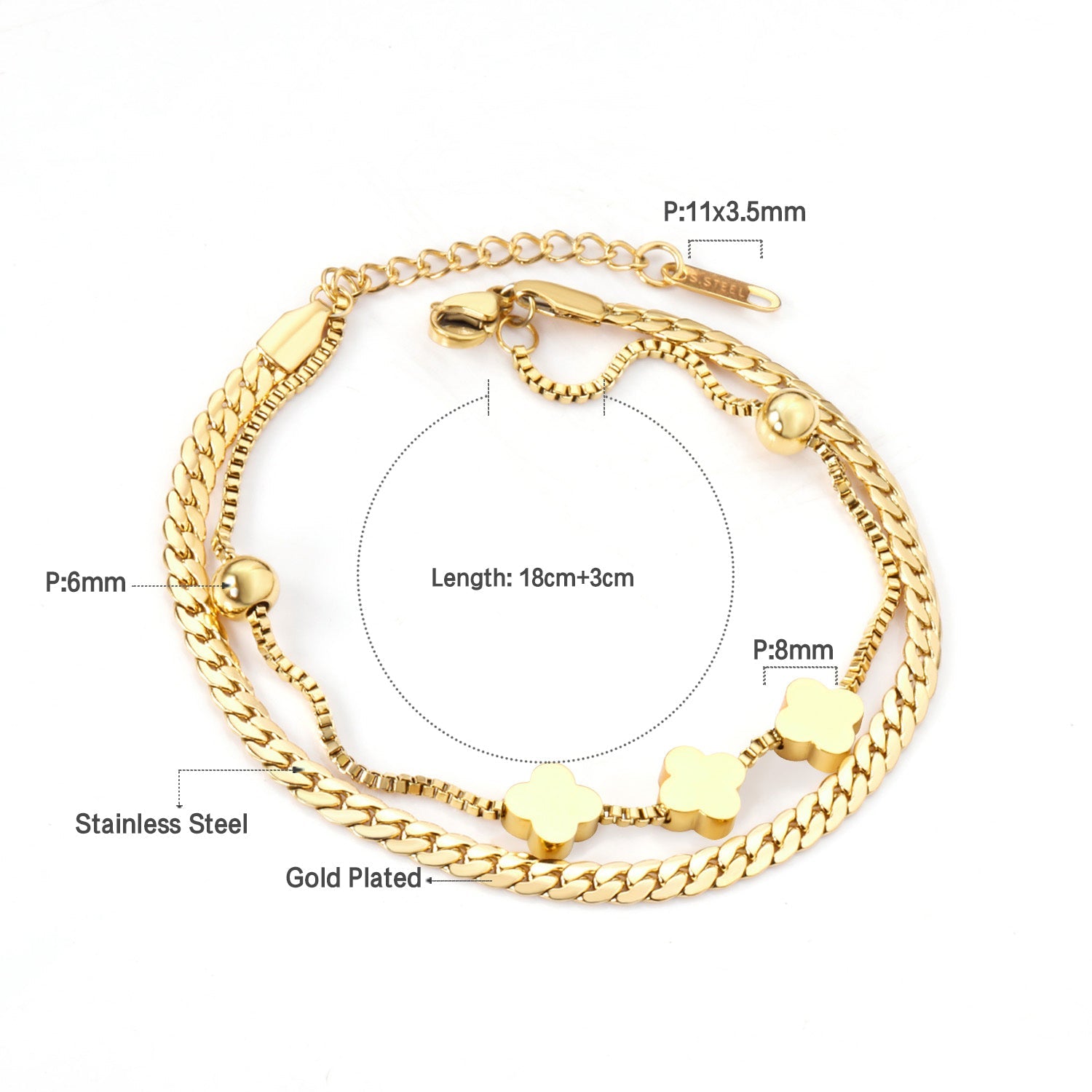 6mm steel beads + 8mm clover with steel beads bracelet 18+3cm asonjewelry