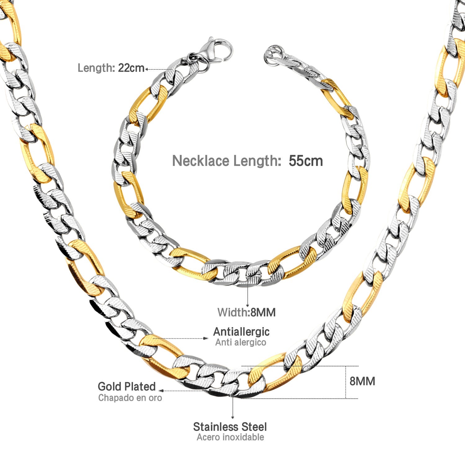 ASON Women/Men 8MM Width Necklace Set Stainless Steel Necklace with Bracelet Cuban Chain for Diy Jewelry Making asonjewelry