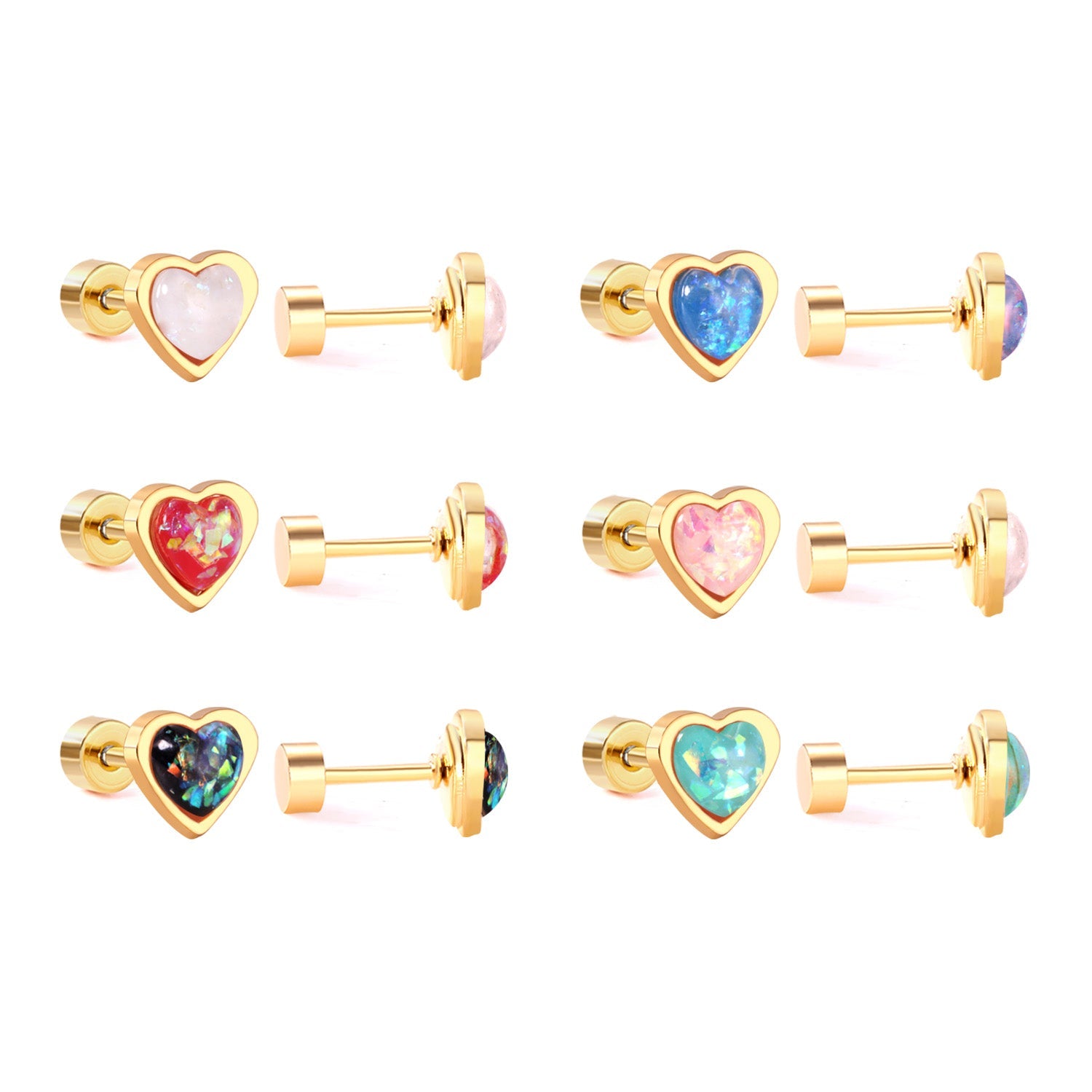 12 pairs steel/golden heart shaped gravel ombre screw back stud earrings asonjewelry
