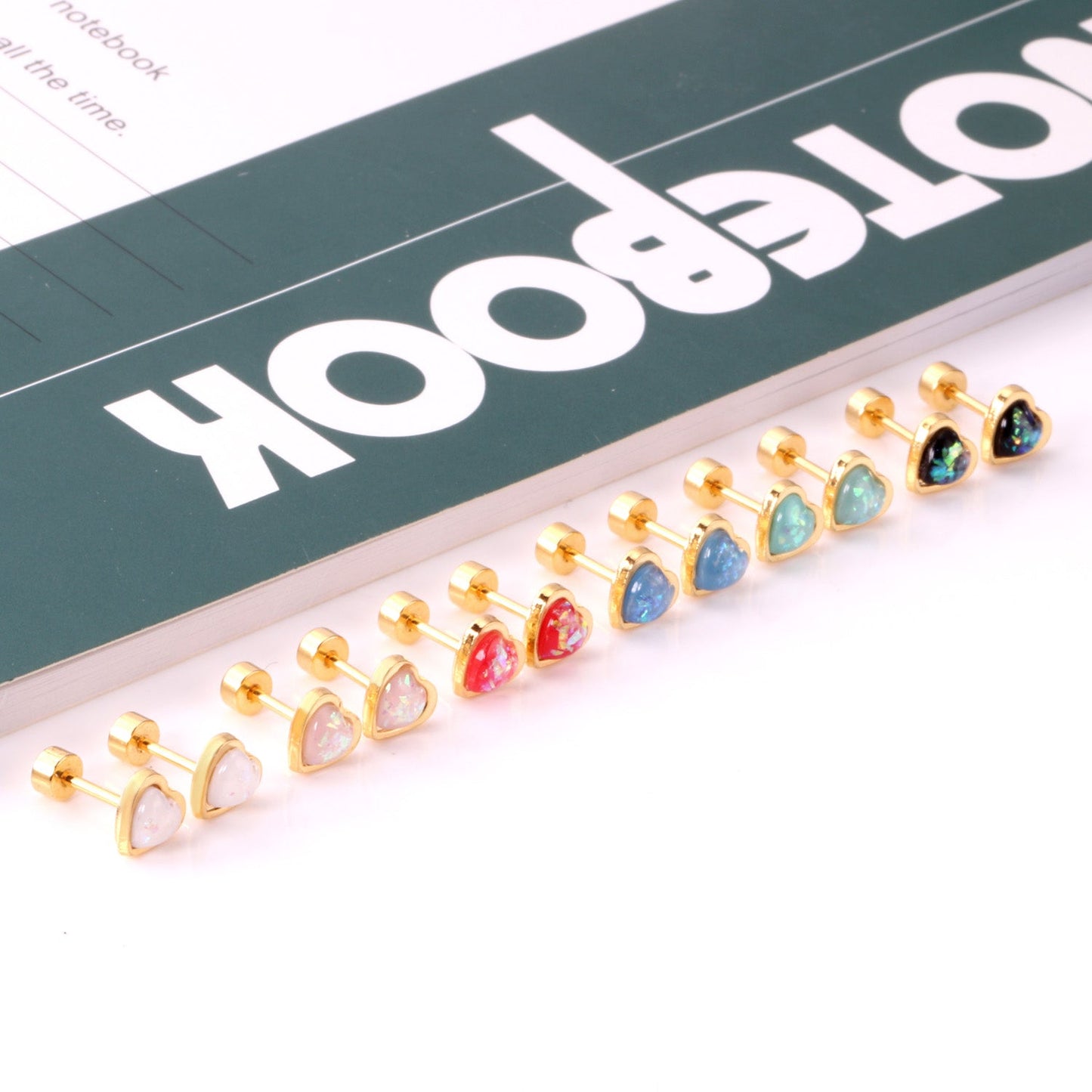 12 pairs steel/golden heart shaped gravel ombre screw back stud earrings asonjewelry