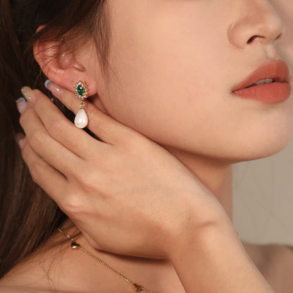 Heart Green Diamonds + White Diamond Hoops with Teardrop White Pearls Stud Earrings asonjewelry