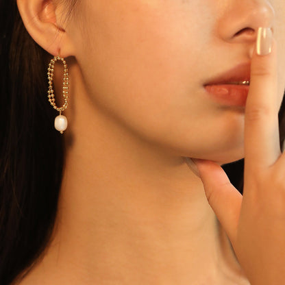 Spring 2024 Double Layers Bead Chain with White Pearls 7.5*9mm Earrings asonjewelry