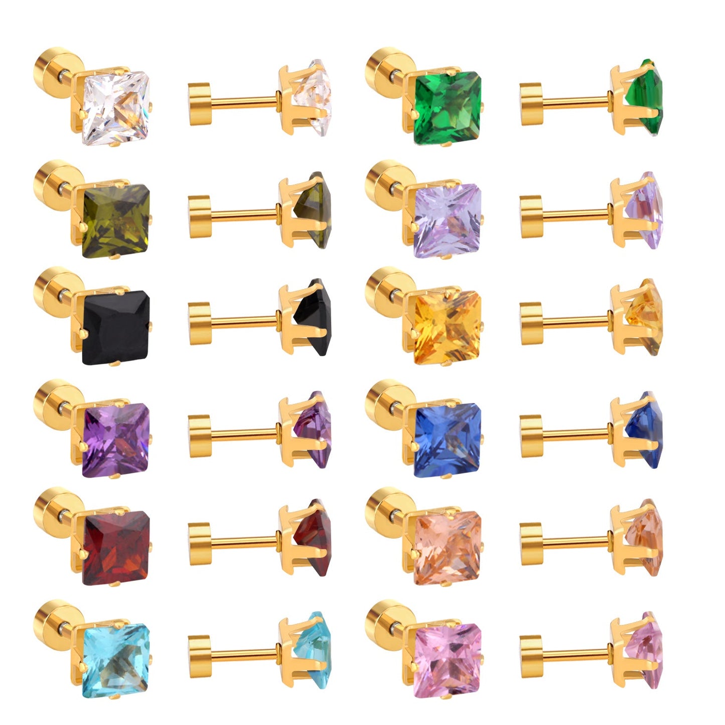 3mm~7mm Steel/Gold/Mixed color square white diamond screw plugs asonjewelry