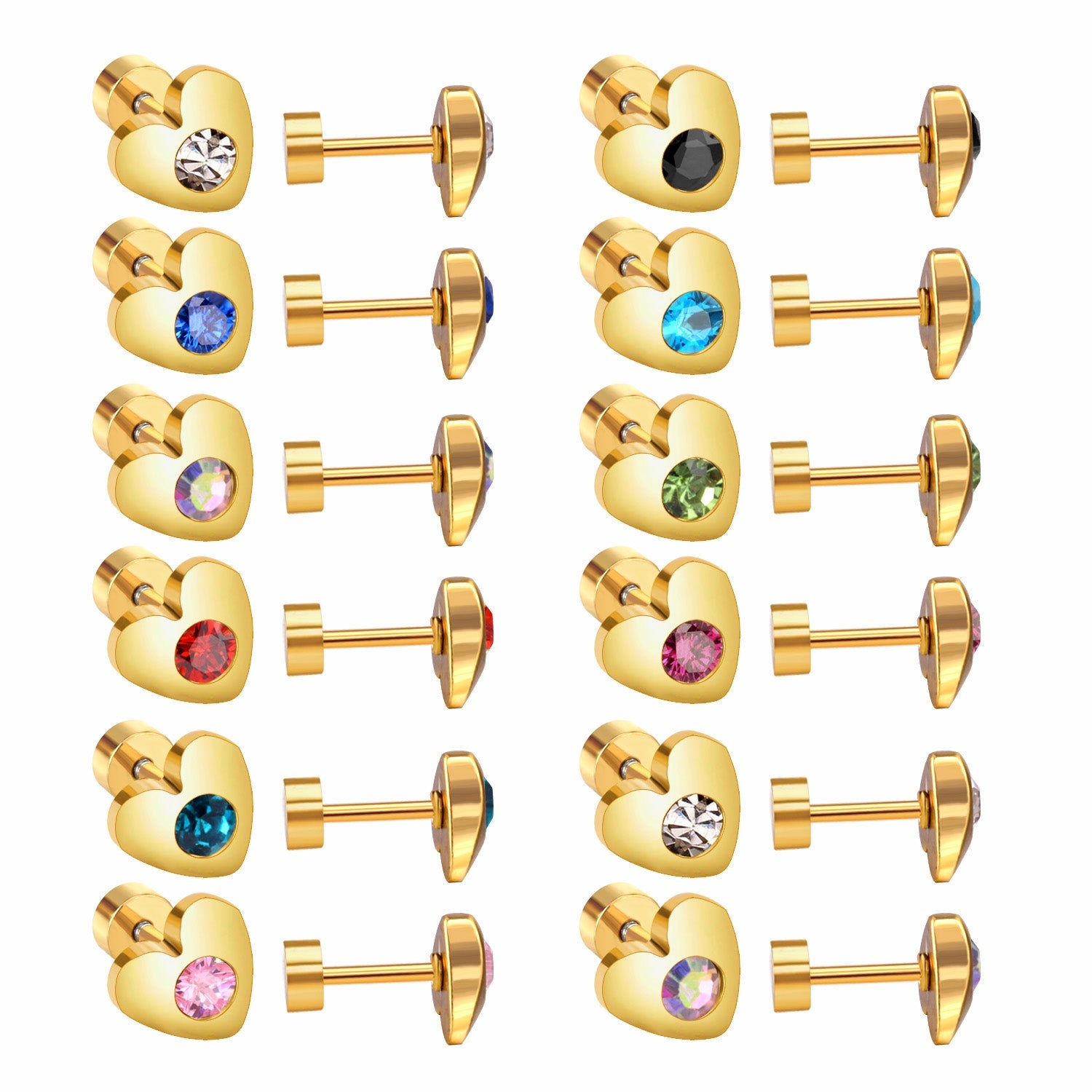 12 pairs 7mm steel/golden heart mix/white diamond screw plugs asonjewelry