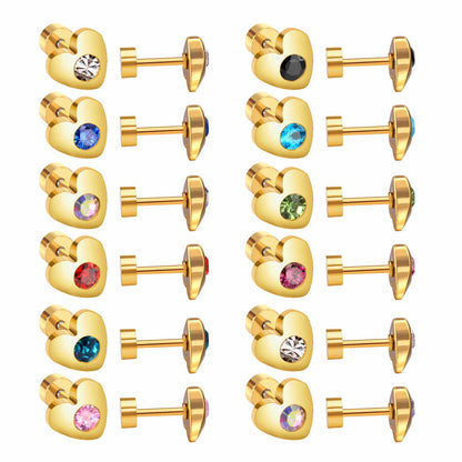 12 pairs 7mm steel/golden heart mix/white diamond screw plugs asonjewelry